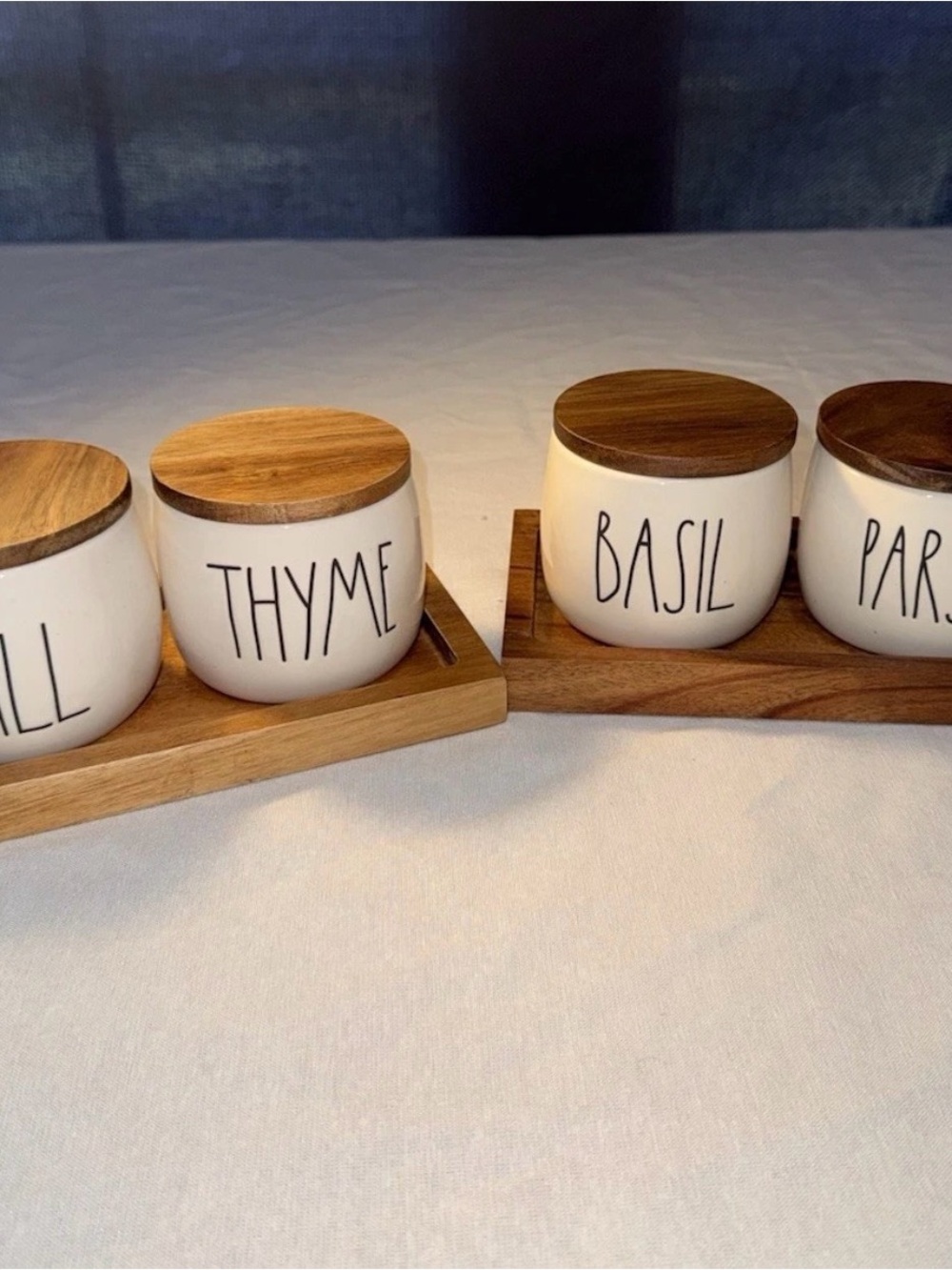 Rae Dunn Herb Jar Set with Wooden Lids - White Ceramic